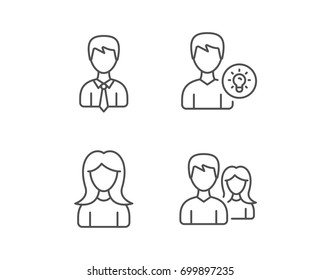 Male and Female, Profile and Couple line icons. Group and Idea signs. Quality design elements. Editable stroke. Vector