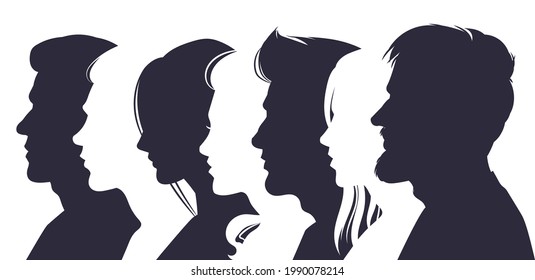 Male and female profile faces silhouettes, human faces overlay images concept. Illustration woman and male head, female profile and male