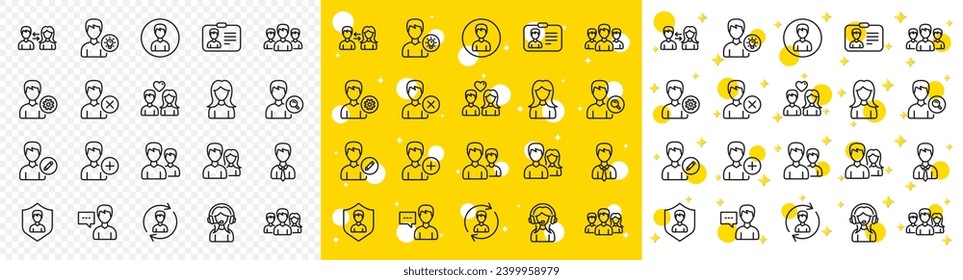 Male and Female Profile, Group and Support icons. User people line icons. ID card, Teamwork people and Businessman symbols. Couple love, Security profile and User management support. Vector