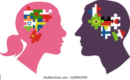 Male And Female Profiles Filled With Jigsaw Puzzle Pieces Representing Different Countries As A Metaphor For DNA Ancestry Research, EPS 8 Vector Illustration