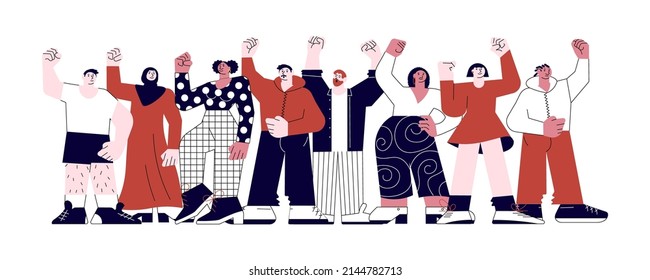 Manifestantes masculinos y femeninos de pie junto con los puños arriba. Multitud de personas en manifestaciones aisladas en el fondo blanco. Ilustración de Vector de arte plano