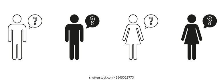 Male And Female Question Mark Speech Bubble Icon Set. Communication, Inquiry, And Curiosity Outline And Silhouette Symbol Collection. Human Interaction And Dialogue. Isolated Vector Illustration. - Powered by Shutterstock - Get 15% off with code: PIKWIZARD15