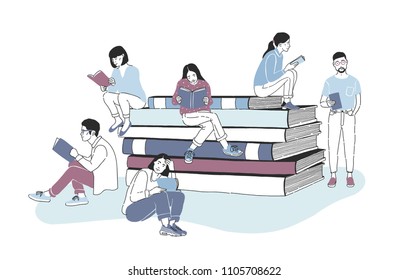 Male and female readers dressed in stylish clothes sitting on pile of giant books or beside it and reading. Studying students or literature fans. Colored vector illustration in modern style.