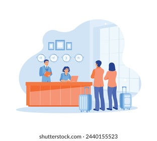 Male and female receptionists are standing at the work desk. Serve visitors in a friendly manner. Hotel Receptionist concept. Flat vector illustration.