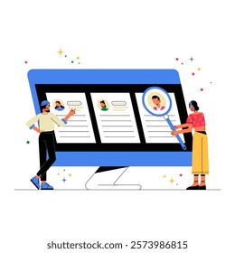 Male And Female Recruiters Analyzing Candidate Profiles On Computer Screen In Flat Vector Illustration Symbolizing Recruitment, Talent Acquisition, And Career Growth