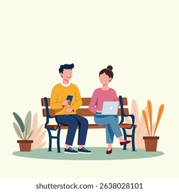 A male and female are relaxing on park bench with smartphone and laptop with calm color background