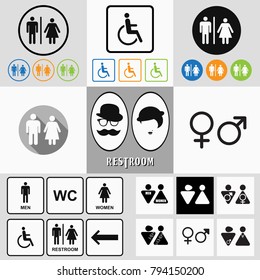 Male and female restroom symbol icons 
set with men, women, arrow and disability. 
Trendy flat and contour line style. Vector illustration 
