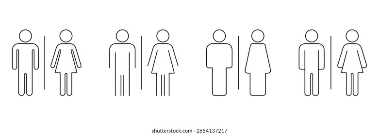 Conjunto De Ícones De Linha De Símbolos De Banheiro Masculino E Feminino. Identificação De Gênero E Coleção De Esquemas Do Sinal Do Banheiro. Ícones De Facilidade Pública E Acessibilidade. Traço editável. Ilustração de vetor isolada.