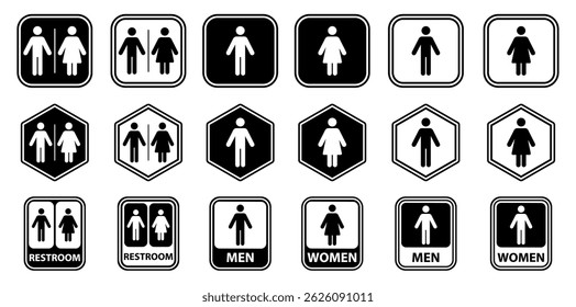Male and female restroom symbols in vector style, designed for signage, public facilities, user interface icons, and inclusive gender identification in commercial or public environments.