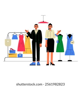 Male And Female Retail Consultants In Clothing Store With Dresses And Bags On Display. Flat Vector Illustration Symbolizing Fashion Retail And Customer Service, Isolated On White Background