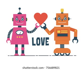 Male and Female Robots with Heart Illustration