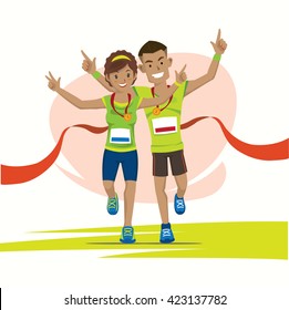 Male And Female Runner Cross The Finish Line With Medal Cartoon