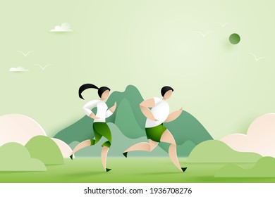 Male and Female running in nature mountain landscape.Marathon or Trail running sport activity. Paper art vector illustration.