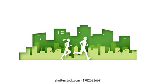 Male and Female running on pathway in city park.Healthy lifestyle, outdoor activity for marathon, city run, training.Paper art vector illustration.