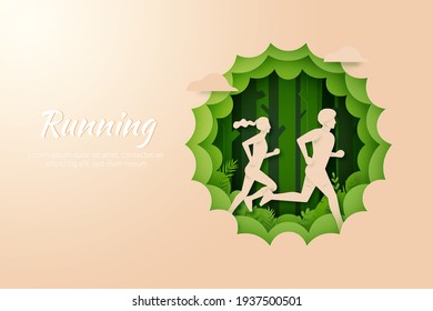 Männlich und Weiblich in der Natur.Marathon oder Trail laufen sportliche Aktivität. Vektorgrafik aus Papier.