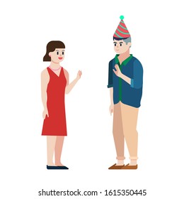 Male and female say hallo. Flat modern vector concept teenage waving hand. 