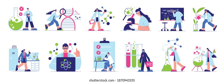 Male and female scientist characters working in science laboratory using microscope lab equipment and glassware isolated vector illustration