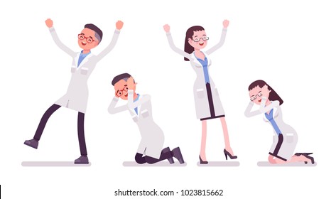 Male and female scientist in different emotions. Expert of physical or natural laboratory in white coat. Science and technology. Vector flat style cartoon illustration isolated on white background