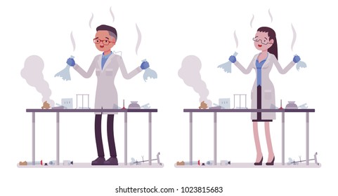 Male and female scientist failed chemical experiments. Expert of physical or natural laboratory in white coat. Science and technology. Vector flat style cartoon illustration isolated, white background