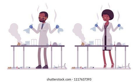 Male, female scientist failed chemical experiments. Expert of physical, natural laboratory in white coat. Science and technology. Vector flat style cartoon illustration isolated, white background