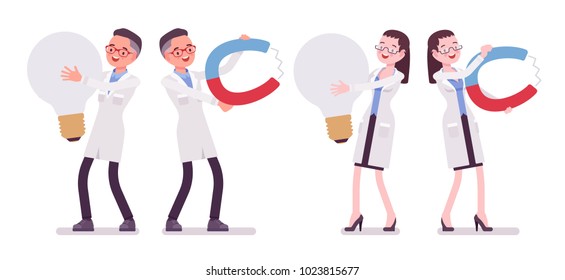 Male and female scientist and giant things. Expert of physical or natural laboratory in white coat with tools. Science and technology. Vector flat style cartoon illustration isolated, white background