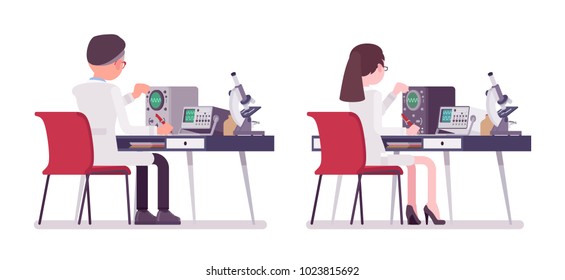 Male and female scientist measuring. Expert of physical or natural laboratory in white coat doing research. Science and technology. Vector flat style cartoon illustration isolated on white background