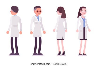 Male and female scientist standing. Expert of physical or natural laboratory in white coat. Science, technology. Vector flat style cartoon illustration isolated on white background, front, rear view