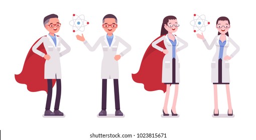 Male and female scientist with symbols. Expert of physical or natural laboratory in white coat. Science and technology concept. Vector flat style cartoon illustration isolated on white background