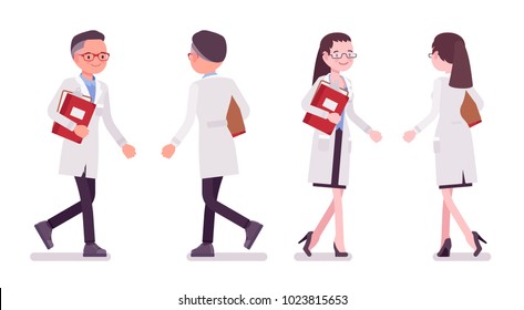 Male and female scientist walking. Expert of physical or natural laboratory in white coat. Science and technology. Vector flat style cartoon illustration isolated on white background, front, rear view