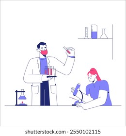 Cientistas Masculinos E Femininos Em Ilustração De Vetor Plano Simbolizando Pesquisa Laboratorial, Ciência E Inovação, Isolados Em Fundo Branco.