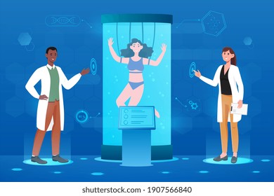 Male and female scientists standing near capsule with frozen human body. Concept of cryonics technology, cryoconservation scientific investigation and medical cloning. Flat cartoon vector illustration