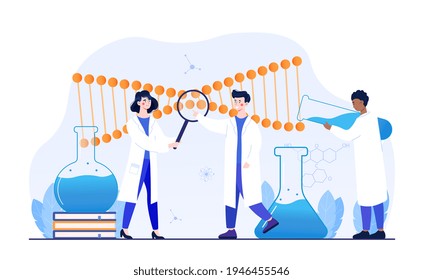 Male And Female Scientists Working With Huge DNA Chain In Lab. Concept Of Gene Therapy, Gene Transfer And Functioning Gene. Man Is Pouring Blue Liquid Into Test Tube. Flat Cartoon Vector Illustration