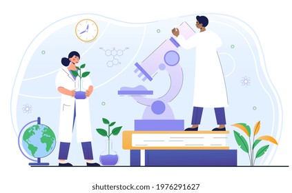 Male and female scientists working on ecological chemistry in lab together. Concept of green, sustainable, eco friendly technology, research on environmental protection. Flat vector illustration