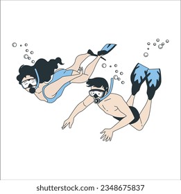 Male and female scuba diving and snorkeling illustration. Cartoon man character engaged in scuba diving in sea. Diver in blue wetsuit, mask, flippers. Scuba diving silhouette vector illustration. 2294