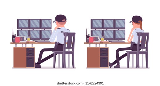 Male and female security guard monitoring alarm systems. Uniformed officer or agent watching. Public and private city safety concept. Vector flat style cartoon illustration, isolated, white background