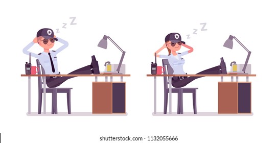 Male and female security guard resting at work. Uniformed protective agent sleeping at duty. Public and private city safety concept. Vector flat style cartoon illustration, isolated, white background