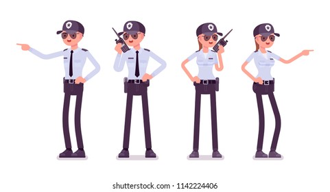 Male and female security guard. Uniformed officer, agent with portable radio. Public and private city safety concept. Vector flat style cartoon illustration, isolated on white background, front, rear