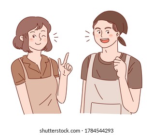 Male and female self-employed characters. A woman working at a cafe and a man working at a restaurant.