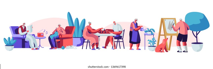 Male And Female Senior People Spending Time In Nursing Home Engaging Hobby Listening Music, Painting, Playing Chess, Knitting. Elderly Characters Having Leisure Fun. Cartoon Flat Vector Illustration