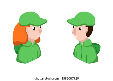 Male and female service assistant or helper in uniform vector character on white background. Online support gender avatar in corporate wear. Man and woman smiling face isolated. Social media character