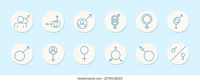 Male and female set icon. People with gender symbols, gender diversity, male and female balance, direction arrows, interlocking symbols. Represent gender roles and societal inclusion