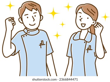 A male and female set of young nurses who pose with a smile