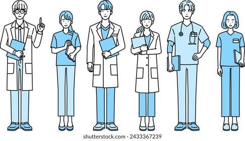 Male and female sets of medical staff (full body, multiple people)