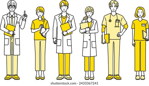 Male and female sets of medical staff (full body, multiple people)