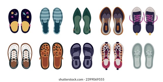 La vista superior de los zapatos para hombres y mujeres. Calzado de caricatura de diferentes tipos. Espadrilladas y sandalias coloridas. Accesorios elegantes. Las zapatillas y las moccasinas. Ropa de moda