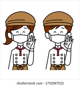Male and female shop assistants wearing masks to make circles
