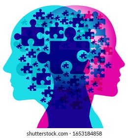 A male and female side silhouette positioned back to back, overlaid with various semi-transparent Jigsaw puzzle piece shapes. Each seperate Puzzle piece represents each individual thoughts.