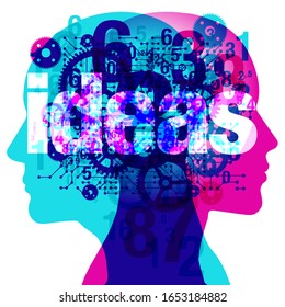 A male and female side silhouette positioned back to back, overlaid with various semi-transparent light bulbs, gears shapes and electronic circuit board patterns. The word "ideas" is placed on top.