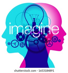 A male and female side silhouette positioned back to back, overlaid with various semi-transparent light bulbs and gears shapes. The word "imagine" is placed across the centre.