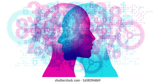 A male and female side silhouette positioned face to face, overlaid with various semi-transparent shapes, machine gears, circuit board patterns and numbers.